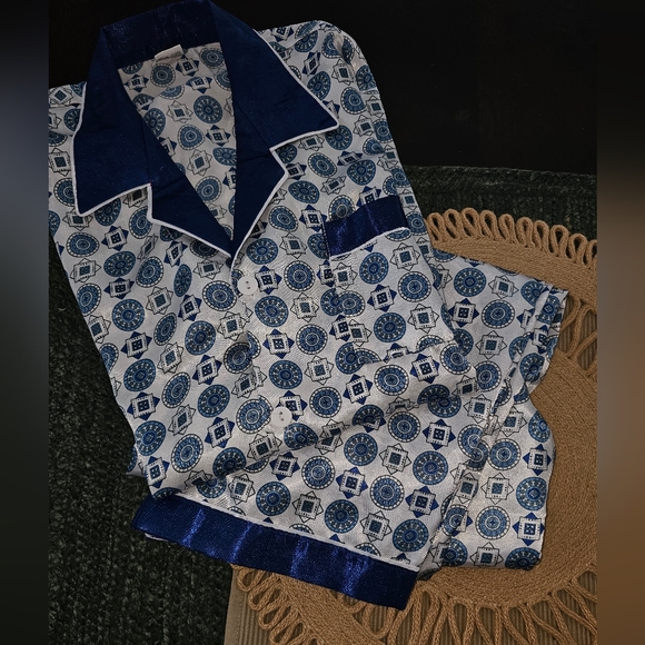 Vintage Graphic Geo Print Silk Pajamas Set Mens L Tile Print Blue Unisex EUC - Picture 1 of 12